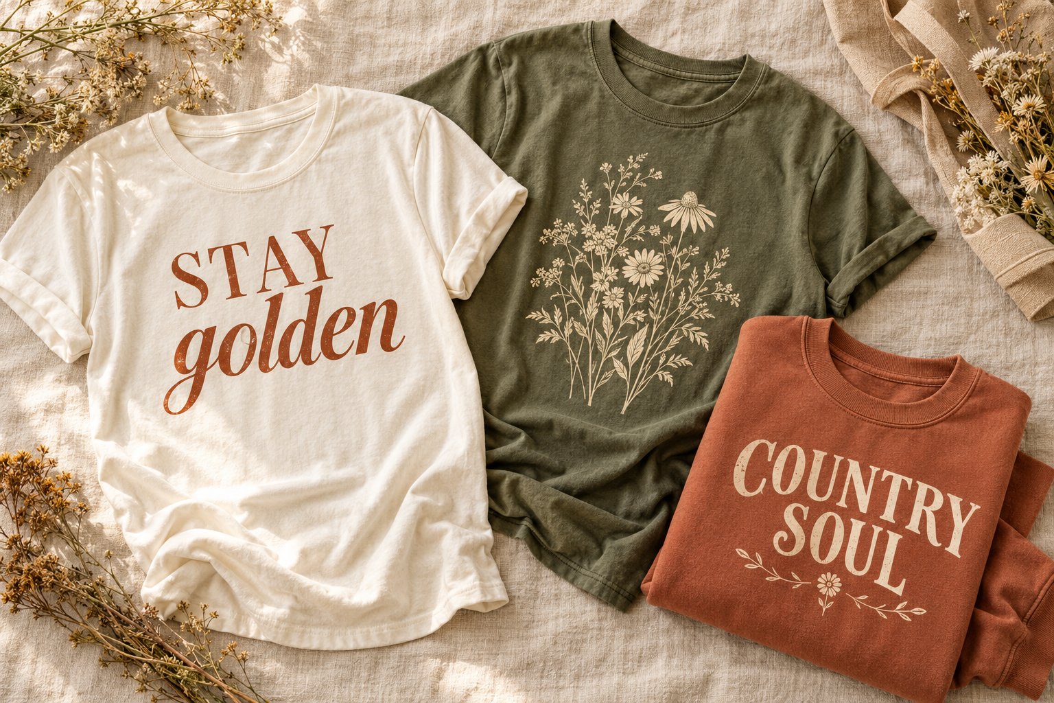 Sample mockup of Country Swank graphic apparel on a warm linen background